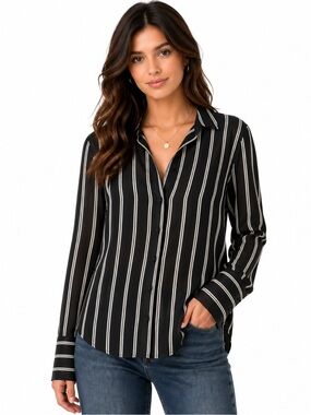 NWT White House Black Market Black White Sheer Stripe Button Down Blouse Size 4
